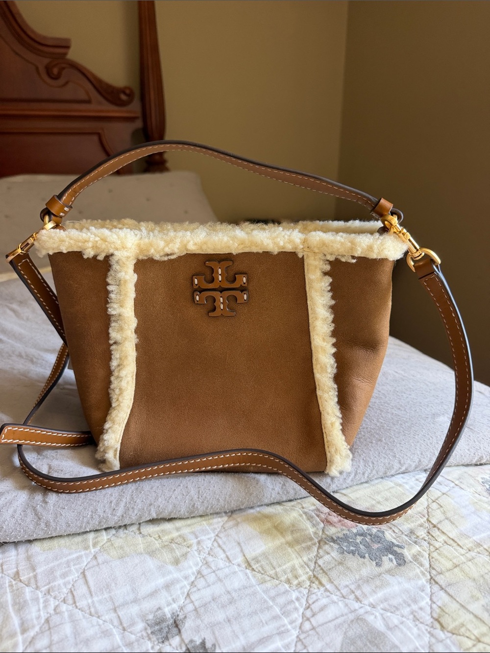 Tory Burch Tan Suede Crossbody with Cream Shearling Trim and Gold Logo Accent
